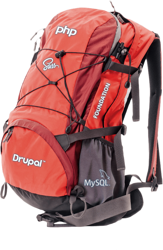 Red backpack php, sass, and Drupal backpack image