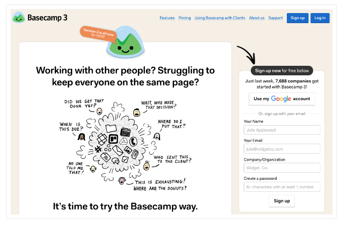 Basecamp PPC landing page screenshot image