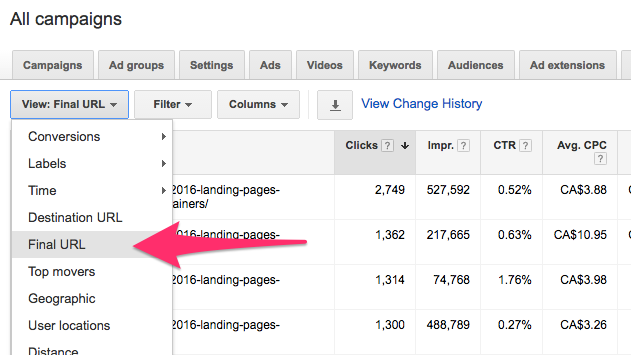 URL report in AdWords screenshot image