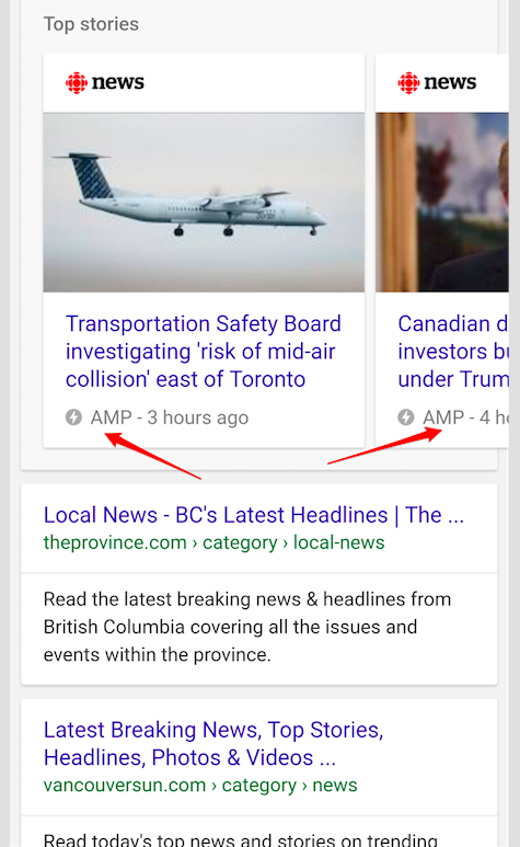 AMP news carousel on google screenshot image