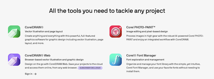 CorelDraw website screenshot of all the different graphic design programs