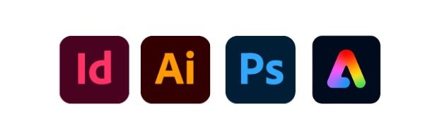 Adobe graphic design software logos: Indesign, Illustrator, Photoshop, Express.