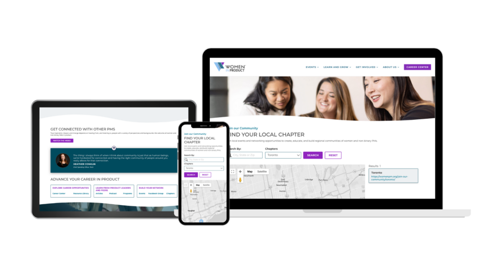 Women in product community pages on desktop, tablet, and mobile