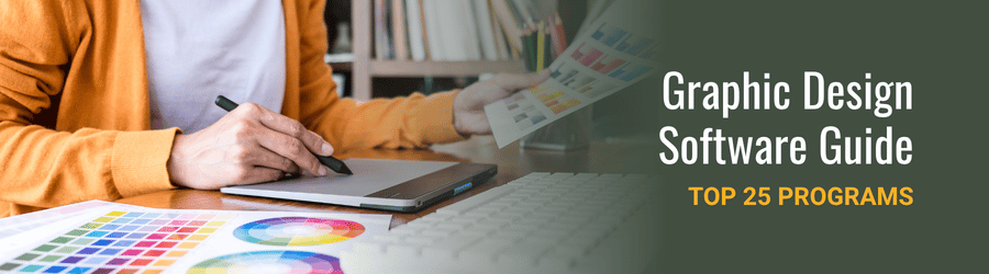 An adult sits at a wooden desk working with design materials in a workplace setting. The designer uses a tablet and stylus to design with colour palettes.