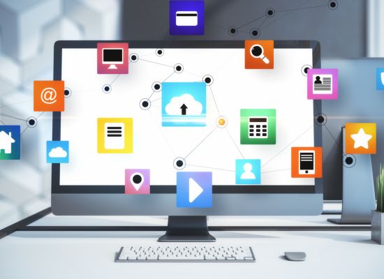 Desktop computer in an office setting with cartoon-like icons floating in front of it.