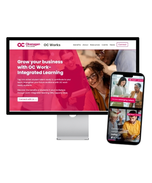 Desktop computer with the Okanagan College website on the screen. Okanagan College ads or on a cellphone screen next to it.